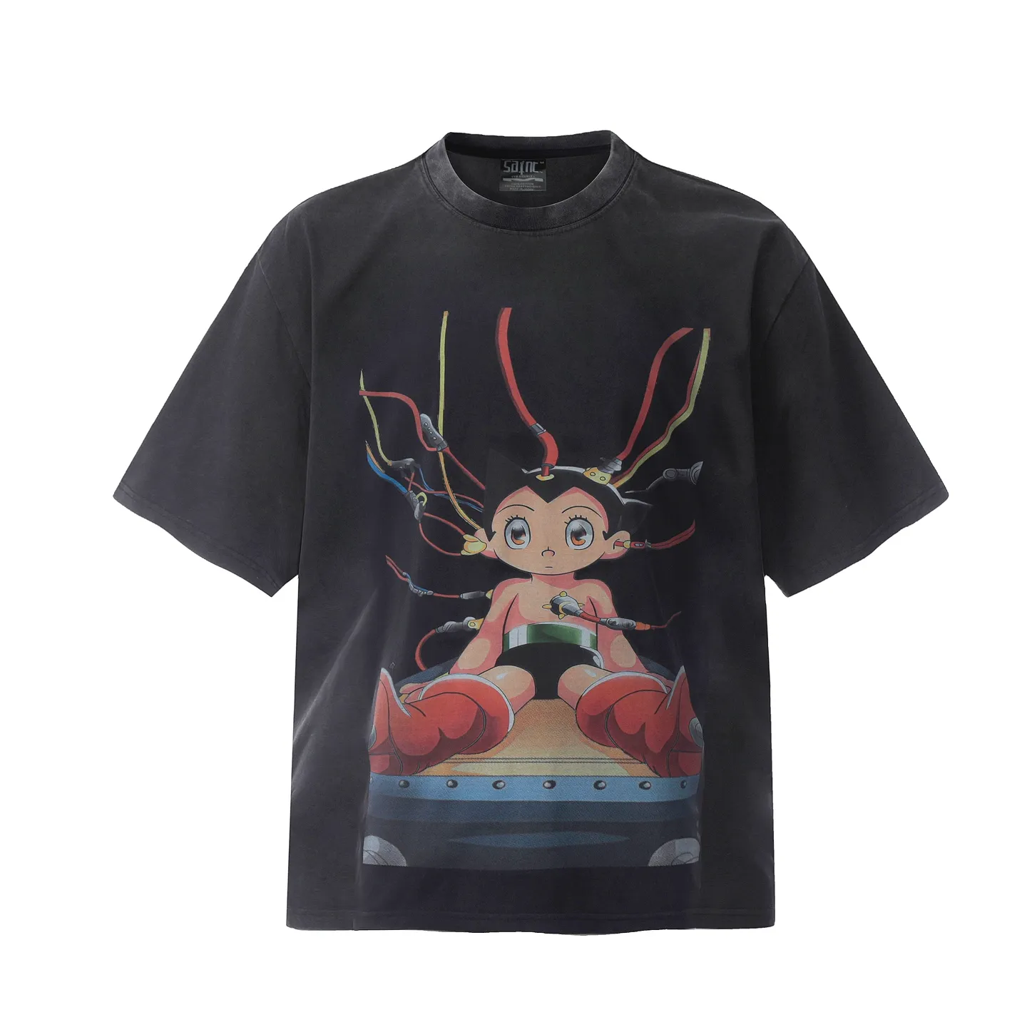 VT9217 P130💰 Saint Michael Astro Boy cartoon portrait retro washed distressed short-sleeved T-shirt small neckline design white ink digital direct printing high street retro heavy distressed washed Vintage short sleeves Size: S M L XL